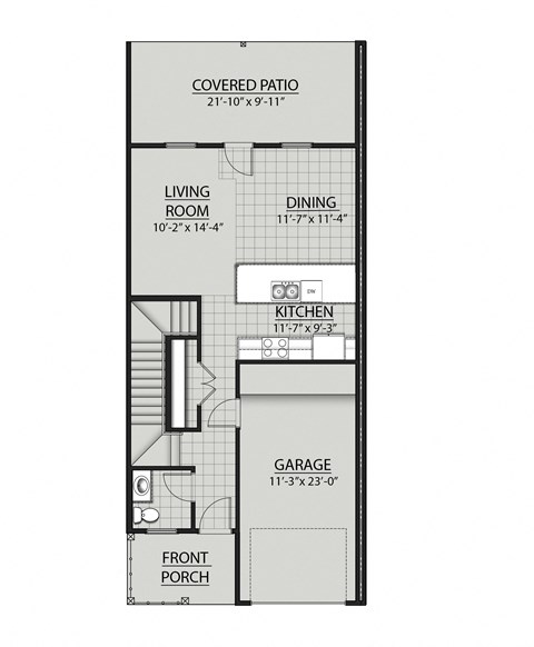 A floor plan of a house with a living room, dining room, kitchen, garage, and front porch.